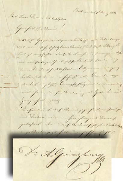  Dr. Aaron Gunzburg, rabbi of the Fell's Point Hebrew Friendship Congr. of Baltimore writes letter of introduction for Rabbi Bernard Illowy of the Baltimore Hebrew school…to Isaac Leeser.