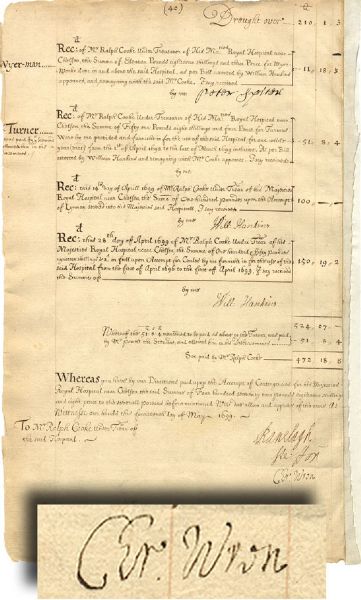 Christopher Wren Signed Document Dated 1699