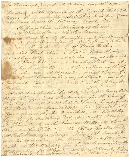 The Only  Recorded Original Handwritten Copy of the Act Approved May 12, 1775, Creating an Independent Postal System in Massachusetts