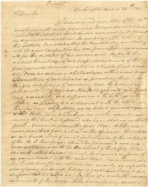 James Madison to James Monroe – a retained copy of one of the most significant missives in American political history between two men who served as President  “...it is of great importance to the int