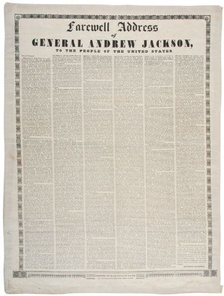 Superb Quality  Silk Broadside Farewell Address of General Andrew Jackson to the People of the United States”