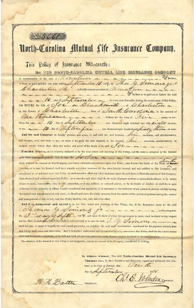The North Carolina Mutual Life Insurance Company Insures a Slave in Charleston, South Carolina Owned by Secession Signer Thomas Y. Simons