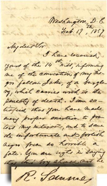 Rapahel Semmes Extraordinary Letter Concerning the Fate of a Slave who has Been Convicted of a Capital Crime, Revealing Both Southern Practices and Semmes's Own Attitudes on Slavery and Race Relation