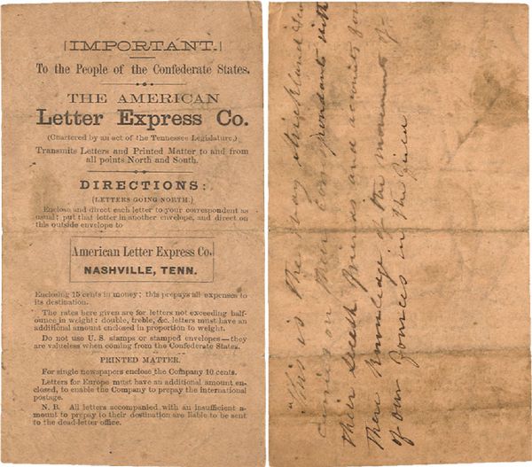 Fantastic Advertisement for the American Express Letter Company Announcing ‘To the People of the Confederate States’ Uniterrupted Letter Service ‘to and from all points North and South’