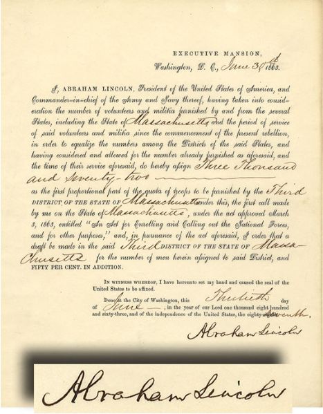 Abraham Lincoln Signed Draft Call for the State of Massachusetts