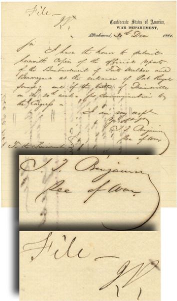 Autograph Letter Signed by Secretary of War Judah Benjamin Being a Report Of Attacks On Forts Walker And Beaurgeard