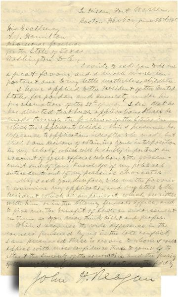 Confederate General John Reagan Letter as Prisoner of War to Texas Governor Hamilton Pertaining to his Pardon