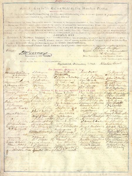 13th Amendment Signed by Abraham Lincoln, James Garfield and over 140 Congressmen in 1865