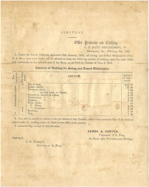 C.S. Navy Department Office Provision and Clothing Broadside