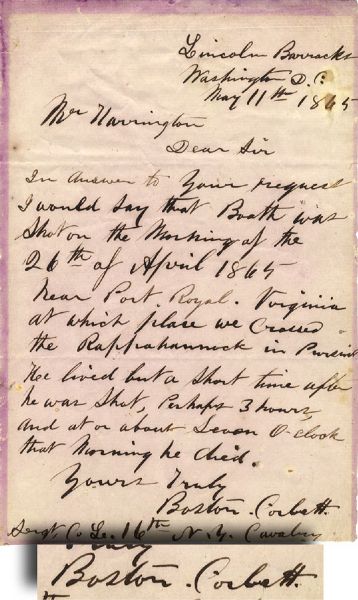 Boston Corbett Writes of His Shooting of Booth in May 11, 1865 the Day After Jefferson Davis was Captured