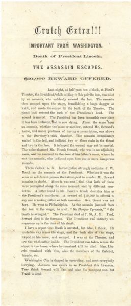 “Crutch Extra!!!” An Extremely Early Broadside of Lincoln's Assassination
