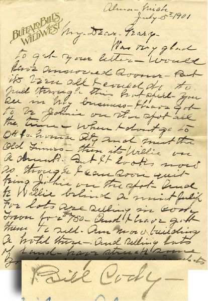 Buffalo Bill Writes Jim Geary of being “Willie on a drunk” and States He is Hitting it Big in Cody