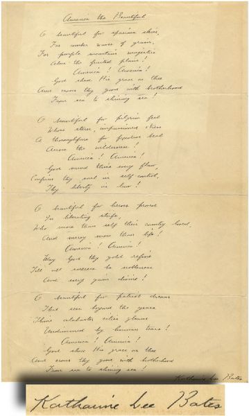 Katharine Lee Bates Autographed Manuscript of her Famous Song “America the Beautiful”