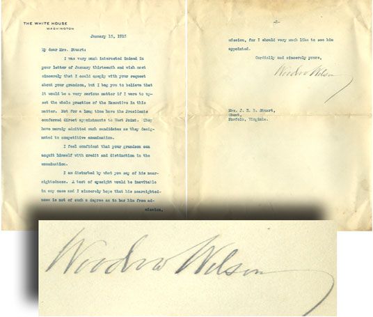 President Woodrow Wilson Writes the Wife of JEB Stuart Pertaining to his Grandson’s Admission to West Point
