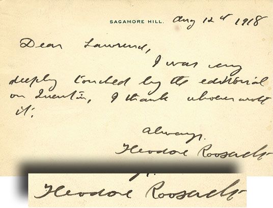Teddy Roosevelt Heart Felt Autograph Letter Signed on the Death of his Son