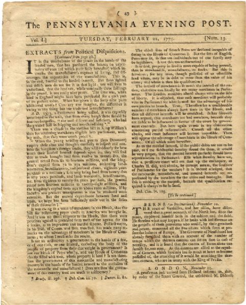 1775 Penssylvania Evening Post with Content