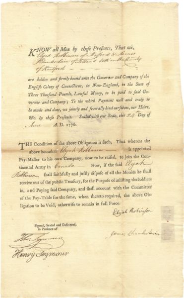 1776 Bond for Elijah Robinson’s Company in the Canadian Expedition