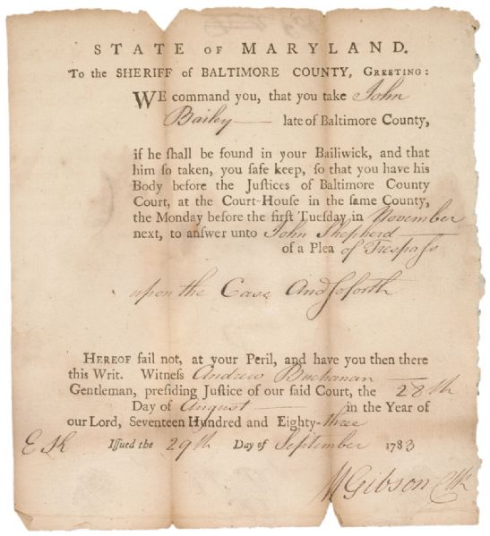 State of Maryland Revolutionary War Dated Subpoena with the State's Embossed Seal!