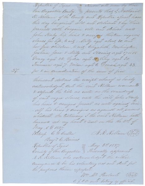 1837 Dated Texas Republic Sale of Thirteen Slaves
