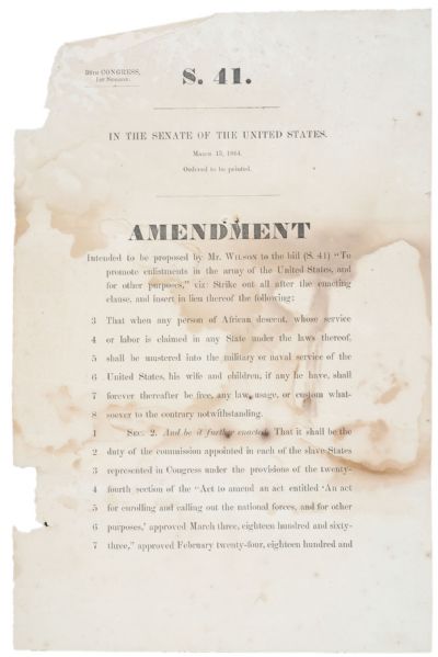 1864, U.S. Senate Amendment 41 ...when any person of African descent... shall be mustered into the military or naval service...