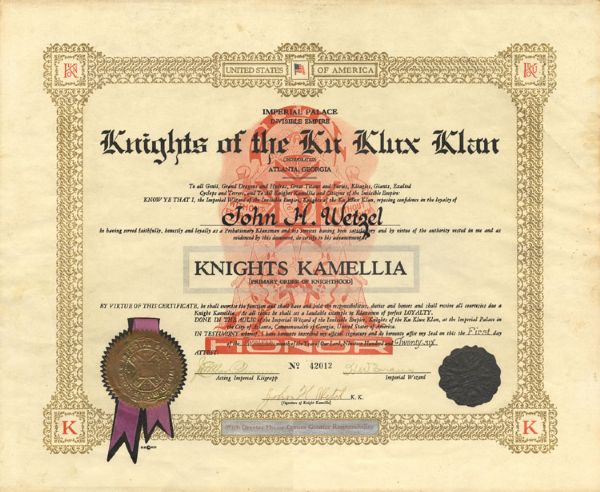 Ku Klux Klan Membership Certificate