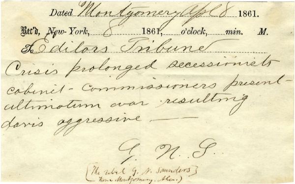 A Telegram To The NY Tribune On April 8, 1861 Indicates That War Will Come 