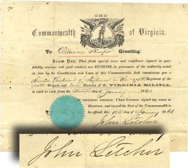 John Letcher Signed Military Commission