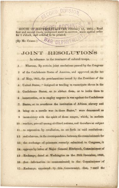 Confederate Resolutions on the Treatment of Colored Troop Prisoners