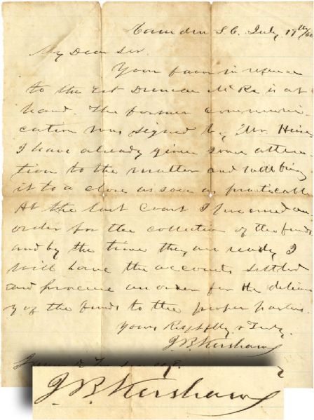 Confederate General Joseph B. Kershaw Autograph Letter Signed