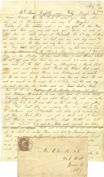 Excellent Gettysburg Letter One Week After the Battle from Soldier Wounded There and He Reports Casualties