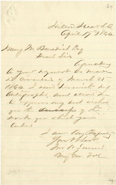 General John Wesley Turner War Date Autograph Letter Signed from South Carolina