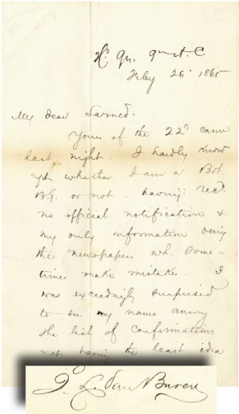 Brevet General James Van Buren Writes of War News and his Prospect of Receiving his Brevet in February 1865