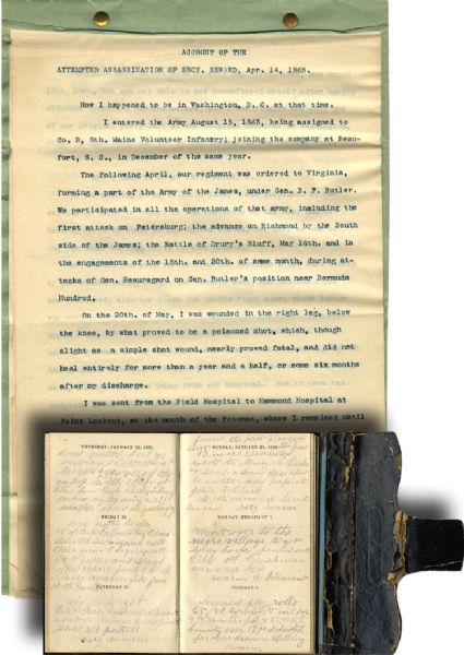 Congressional Gold Medal winner George F. Robinson's 1864 Civil War diary and his own testimonial document recounting the day he saved Secretary of State Seward's life on the day of the Lincoln assas