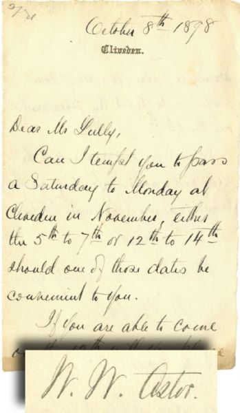 William Astor Autograph Letter Signed