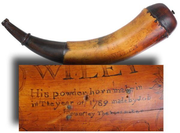 Rare Scrimshaw Powder Horn with Maker's Name