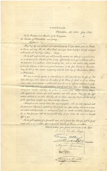 A significant American Judaica document this “CIRCULAR” calls for a general meeting to discuss the proposed religious union among Israelites of America…and was initiated by ISAAC LEESER AND LOUIS SOL