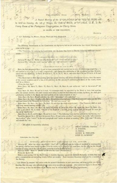 Rare broadside dated Philadelphia, Dec. 17, 5604 (1844) over printed signature of “ISAAC LEESER, CHAIRMAN” and four Board members of congr. Mickve Israel.  