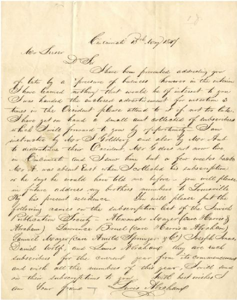 Leeser’s man in Ohio. Handsomely penned one page letter with fine autograph signature of LEWIS ABRAHAM from Cincinnati May 18, 1847 to Leeser.  