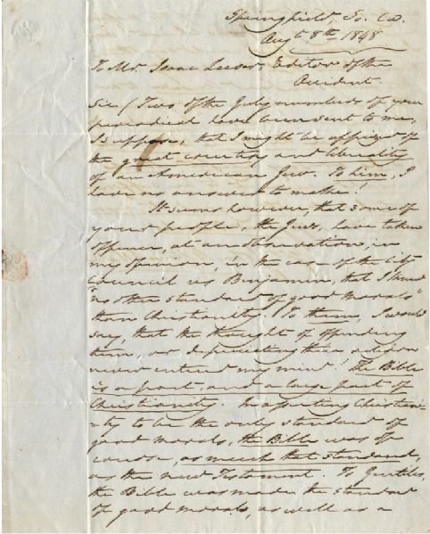 The Chief Justice of the South Carolina court personally writes to Isaac Leeser to defend his actions in a case in which it was thought a Jew had been slandered by the city council of Charleston. 