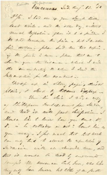 From the small back-country town of VINCENNES INDIANA [in southwest corner of state on Illinois border]; dated August 12, 1856; two page penned letter from Samuel Judah (with fine signature) to Isaac