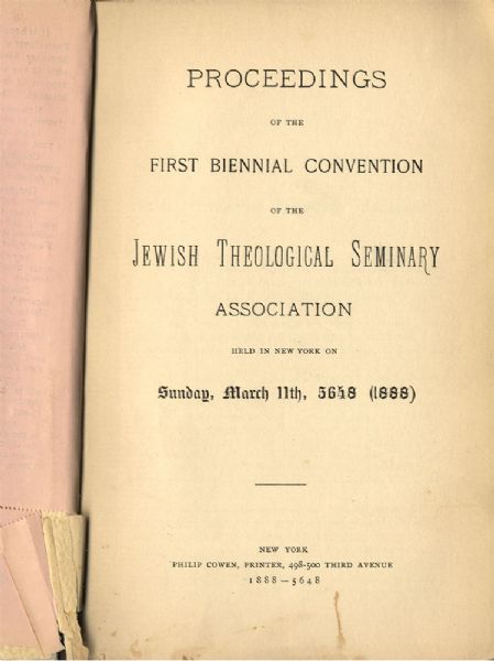 Six different conventions of the Jewish Theological Seminary Association of New York all bound together with other associated pamphlets and appendixes / monographs from 1888 to 1896.  Commences with 
