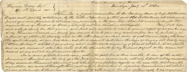 1861 St. Louis to New York Banking Document