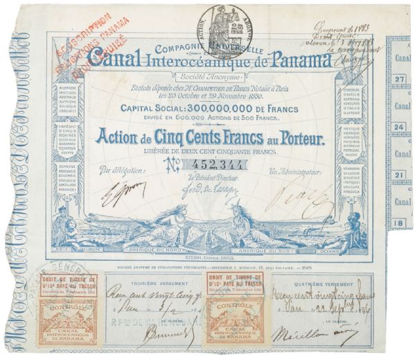 Original, Signed, 1880 Panama Canal Bond Certificate.