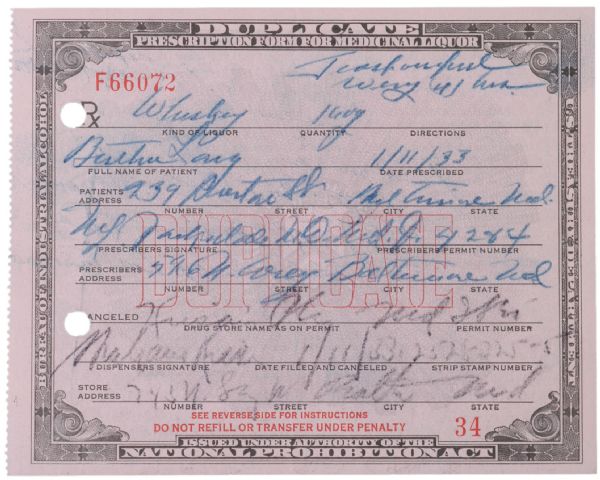 Prescription Form for Medicinal Liquor Issued Under Authority Of The National Prohibition Act