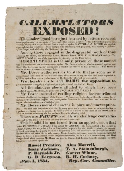 1834 Republican Political Broadside Calumniators Exposed ... that the sheriff is on his way...
