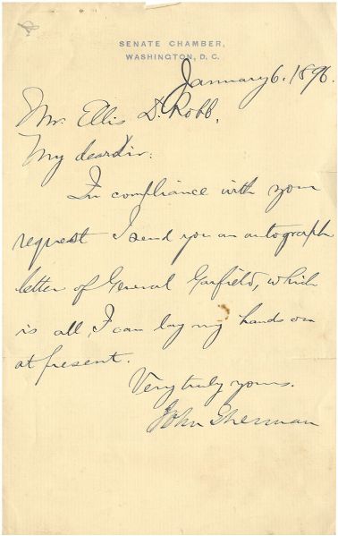 Senator Sherman Sends a Garfield Autographed Letter