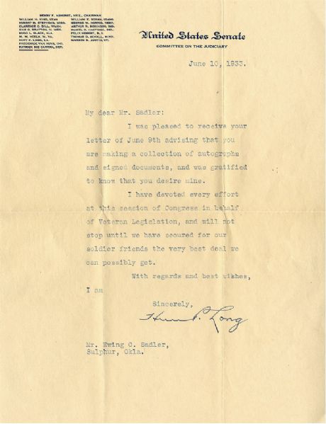 Huey Long Typed Letter Signed