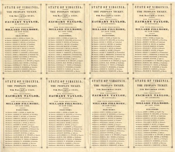 Uncut sheet of 8 Taylor and Fillmore 1848 campaign ballots. 