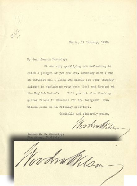 Rare Woodrow Wilson Letter from Paris the Day Before the Peace Conferance Began