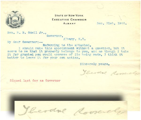 Teddy Roosevelt Signed Letter Last Day as Governor